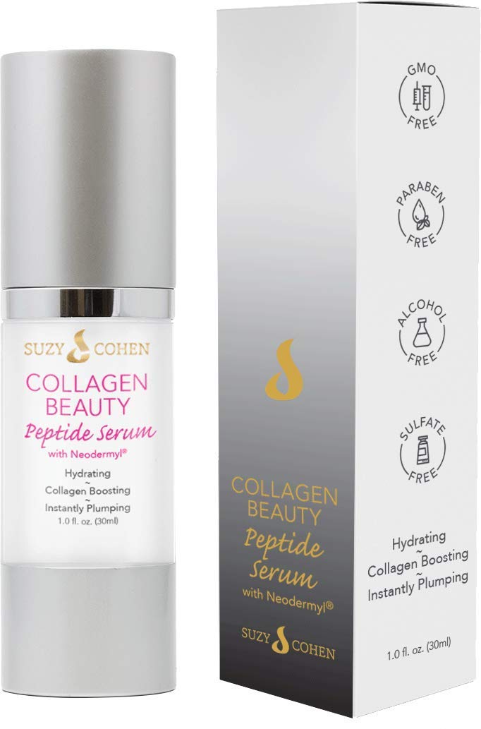 Script Essentials Suzy Cohen collagen serum bottle closeup, premium packaging.