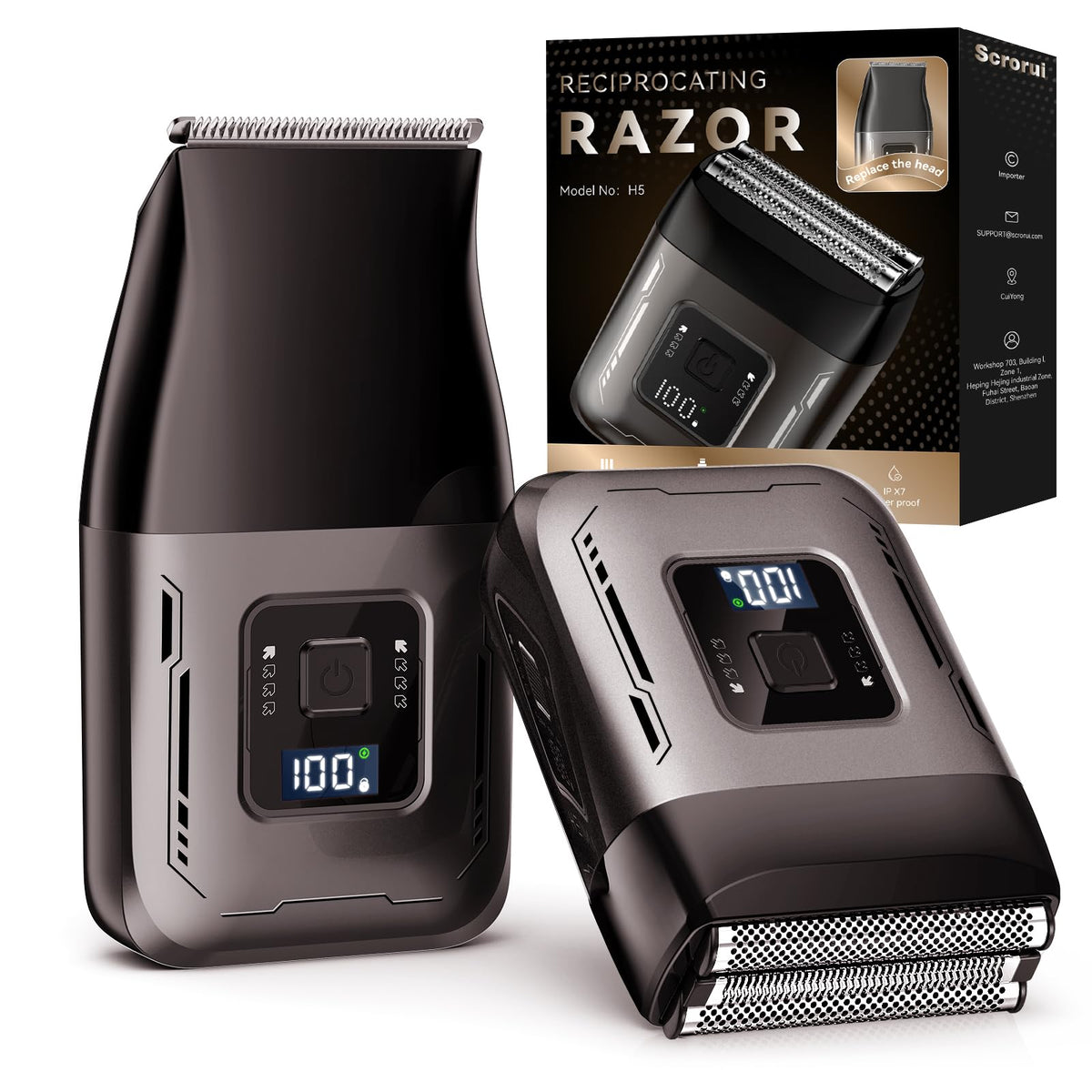 Scrorui foil shaver in charcoal, angled shot for versatile dry or wet grooming