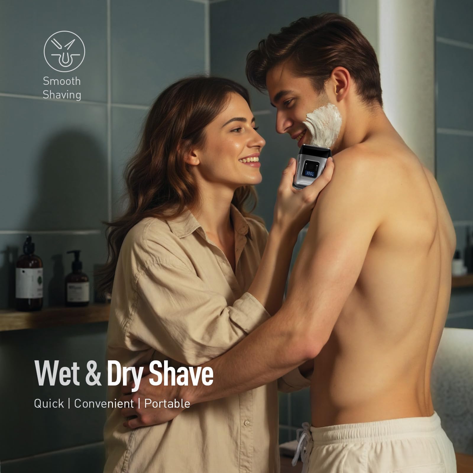 Scrorui IPX7 waterproof design suitable for wet shaving and travel.