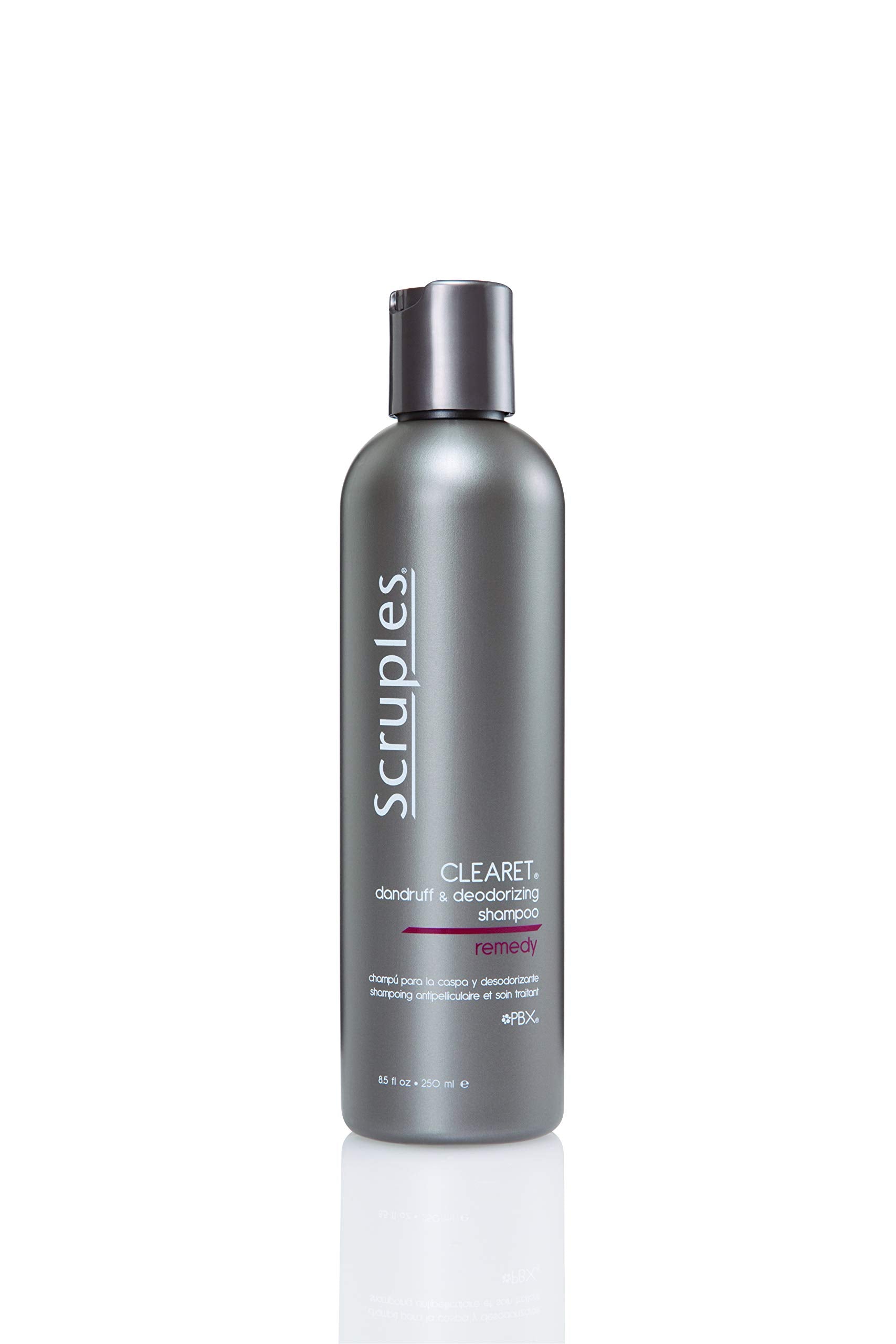 Scruples Clearet shampoo bottle front; salon-grade cleanse for dry, itchy scalp.
