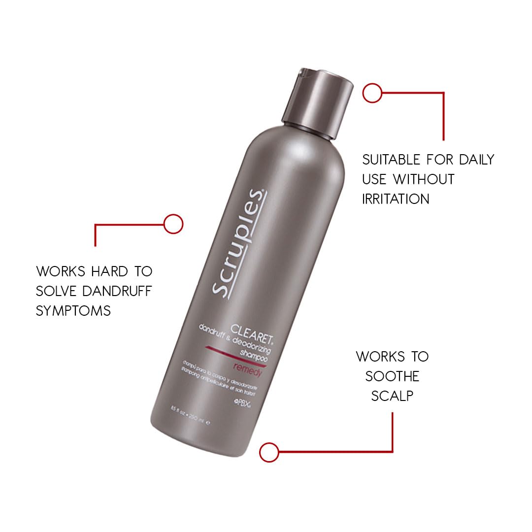 Scruples Clearet shampoo label close-up; deodorizing formula insight.