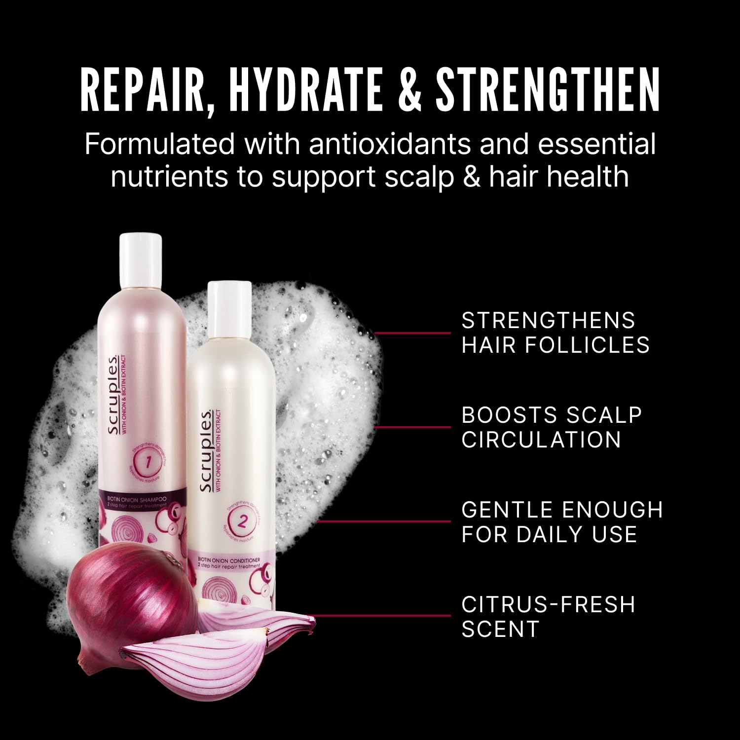 Scruples onion extract ingredient close-up emphasizes antioxidant infusion for scalp nourishment.