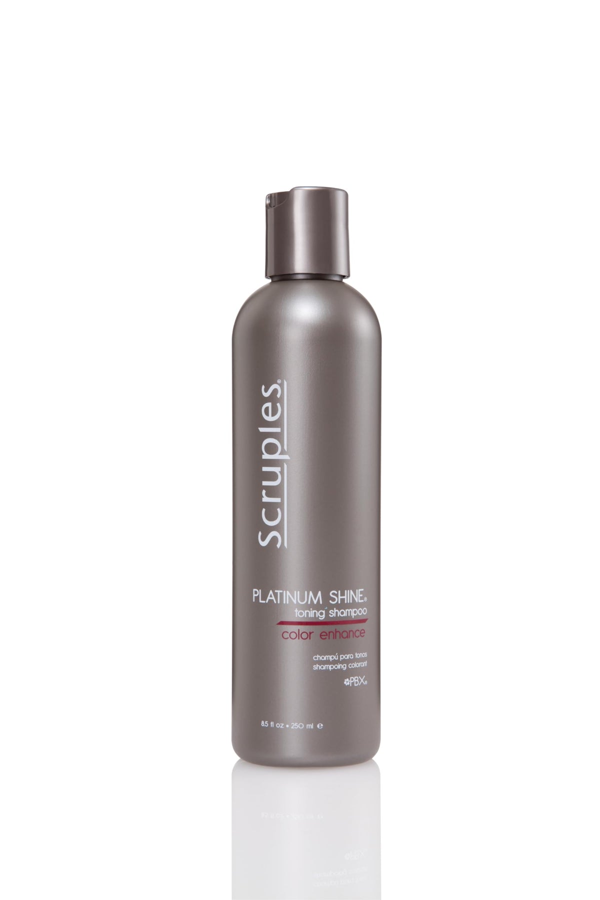 Scruples Platinum Shine Shampoo bottle for platinum hair toning and radiant shine.
