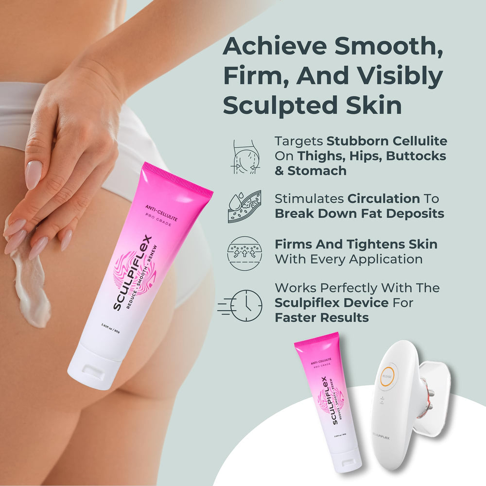 SCULPIFLEX belly firming cream being applied to the abdomen for a toned look.