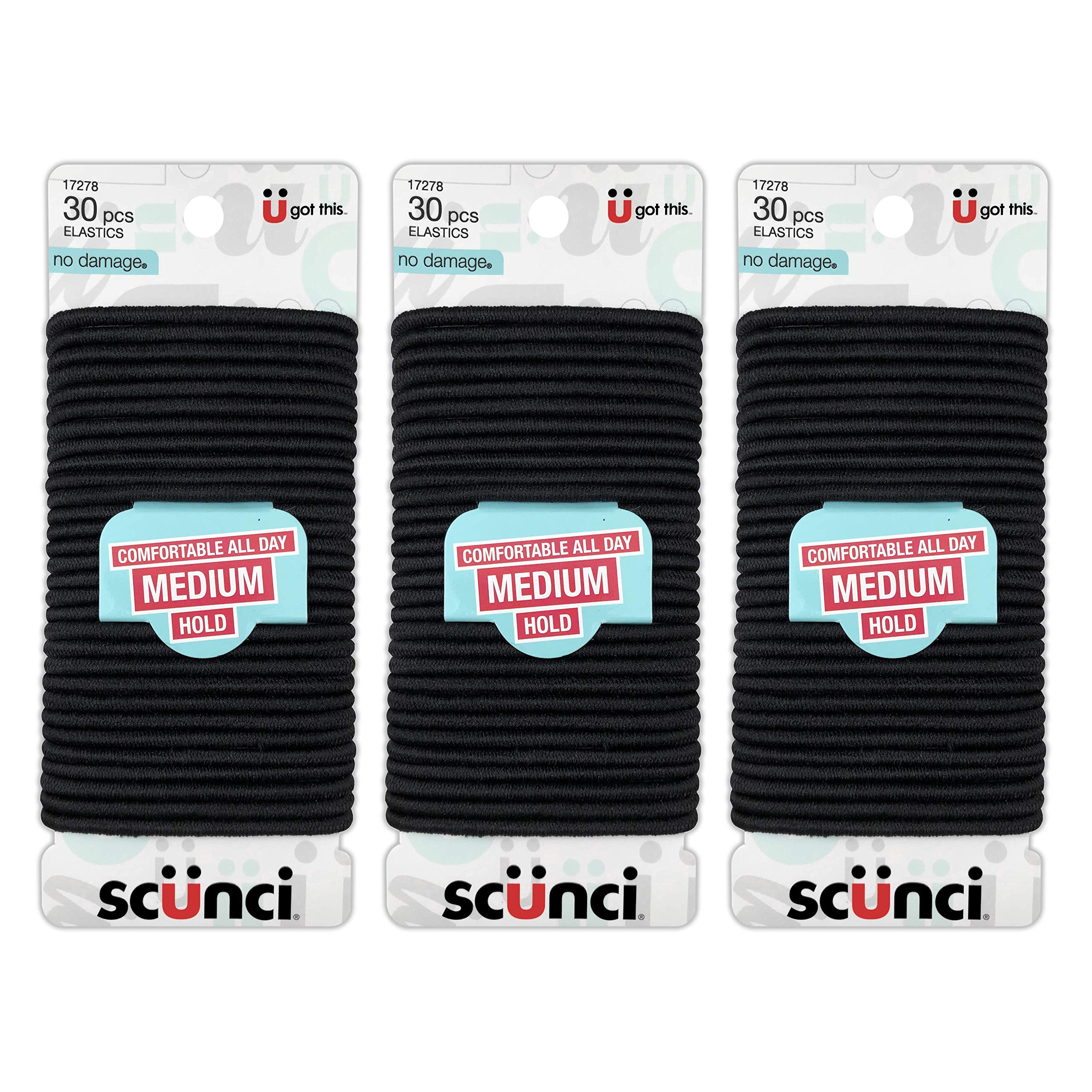 Scunci Effortless Beauty large no-damage elastics close-up for gentle, metal-free hold.