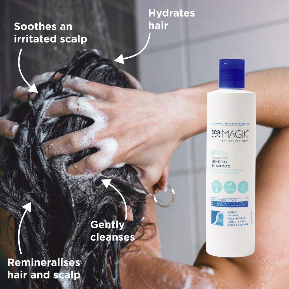 Sea Magik Mineral Shampoo bottle side, sulfate-free formula supports a light, clean wash.