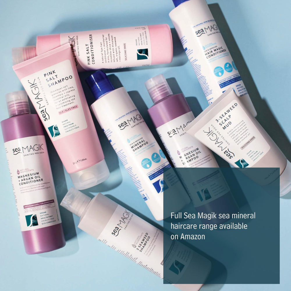 Sea Magik Mineral Shampoo on sustainable bathroom shelf, eco-conscious routine.