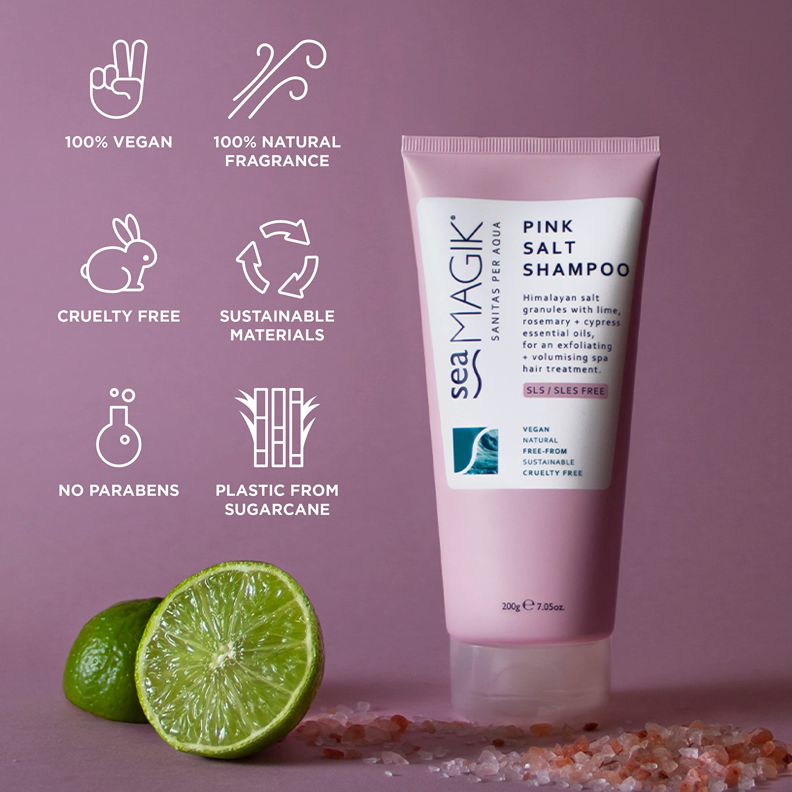 Sea Magik Pink Salt Shampoo Dead Sea salts close-up emphasizes mineral content for cleansing