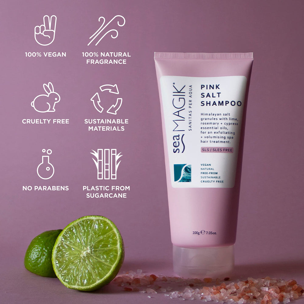 Sea Magik Pink Salt Shampoo Dead Sea salts close-up emphasizes mineral content for cleansing
