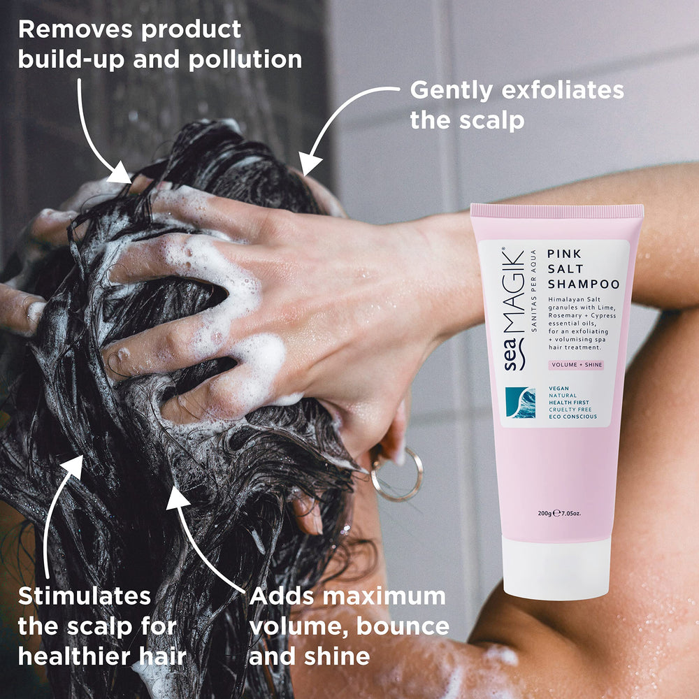 Sea Magik Pink Salt Shampoo label close-up highlights mineral blend for cleansing