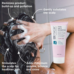 Sea Magik Pink Salt Shampoo label close-up highlights mineral blend for cleansing