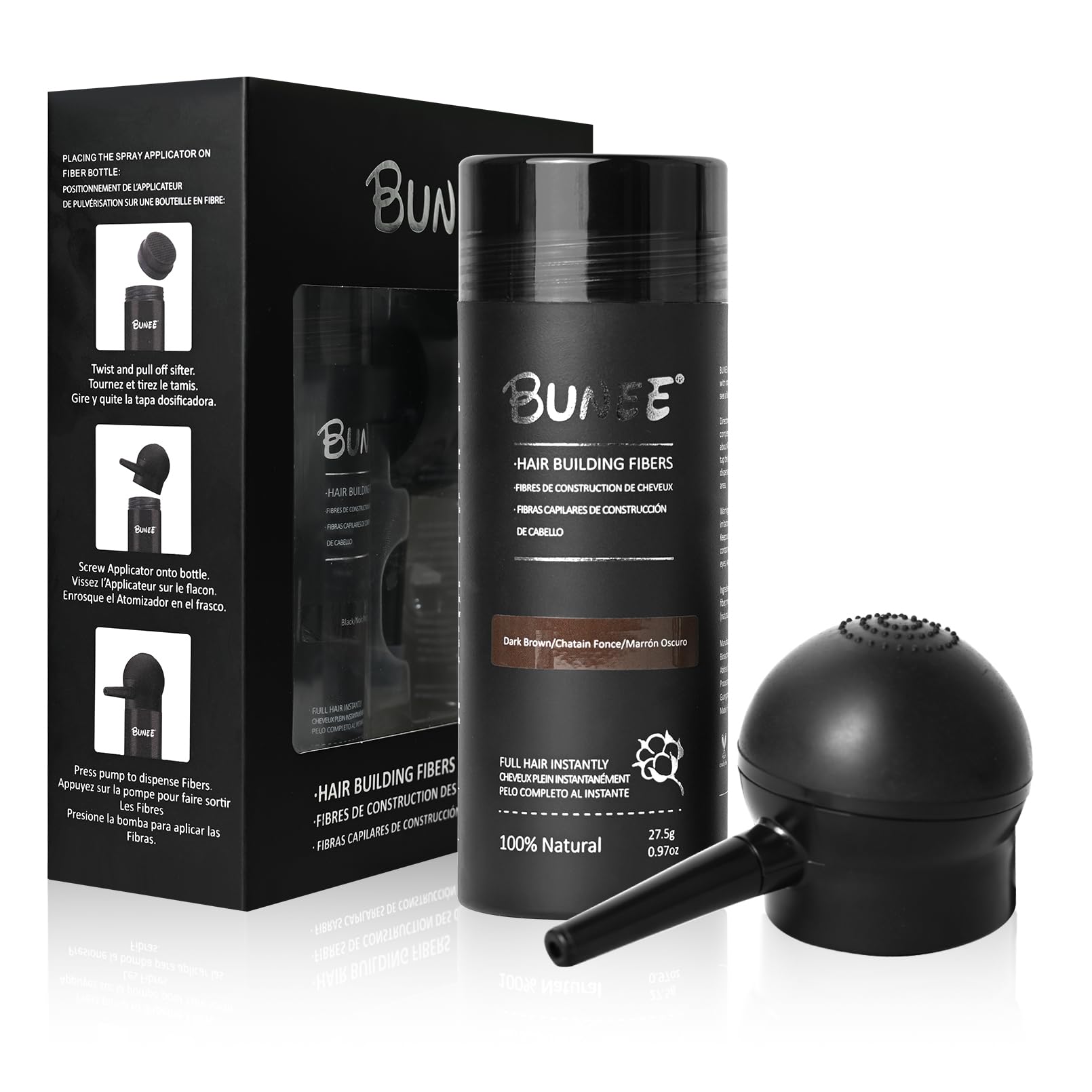 Seaboll hair-building fibers in dark brown close-up blend naturally for a fuller look.