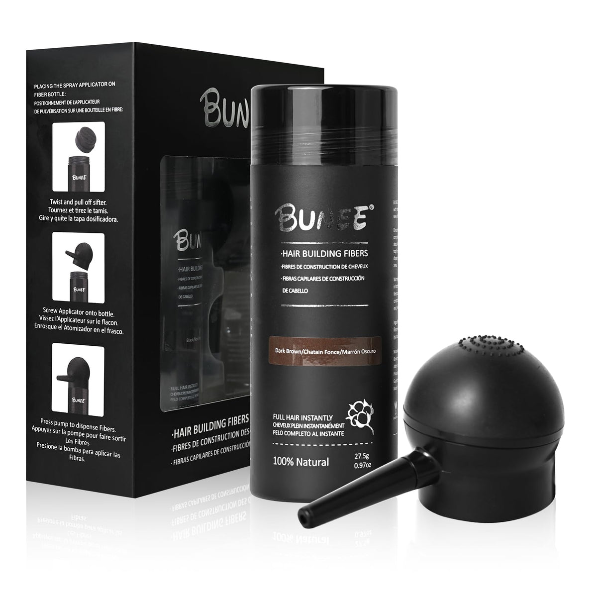 Seaboll hair-building fibers in dark brown close-up blend naturally for a fuller look.