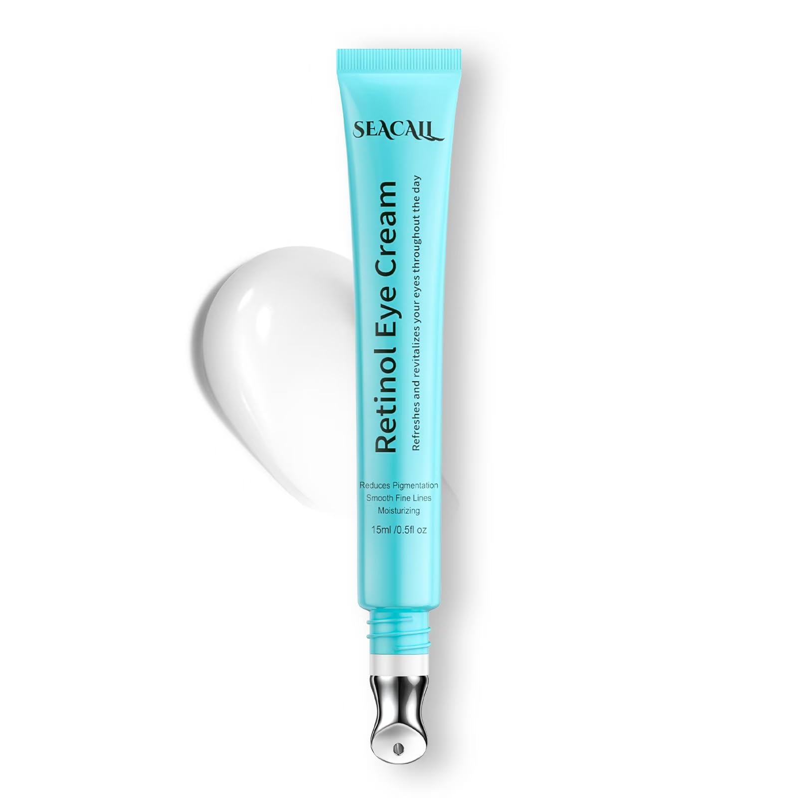 Seacall retinol eye cream bottle closeup showing anti-wrinkle care around the eye area.