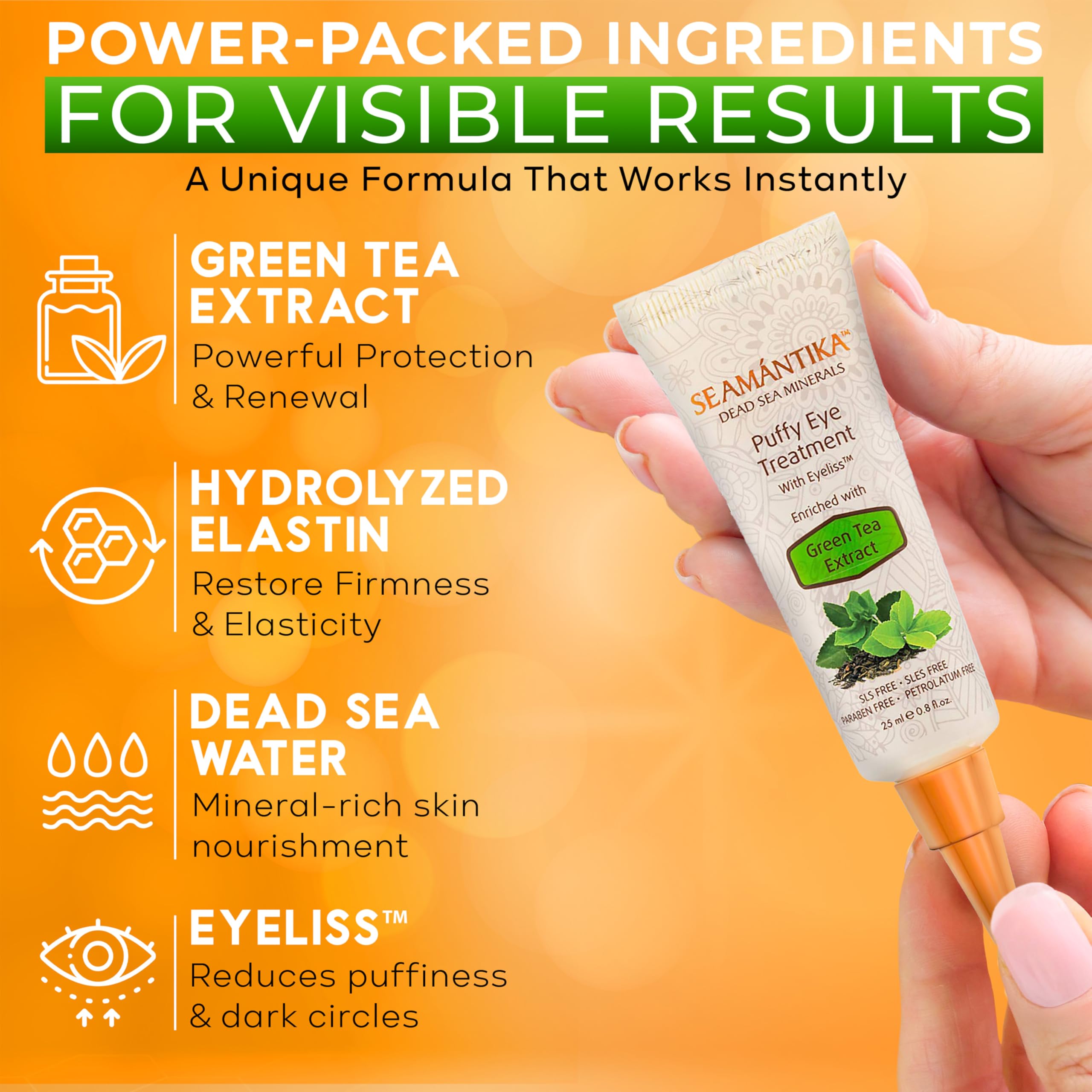 SEAMANTIKA eye cream texture swatch highlighting hyaluronic acid for smoothing.