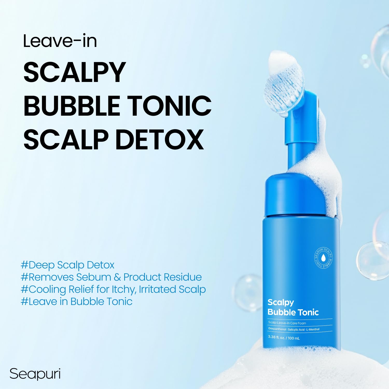 Seapuri Bubble Tonic foam closeup, refreshing exfoliation of scalp buildup