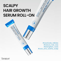 Seapuri Scalpy serum dispense shot showing fast-absorbing, cooling scalp treatment.