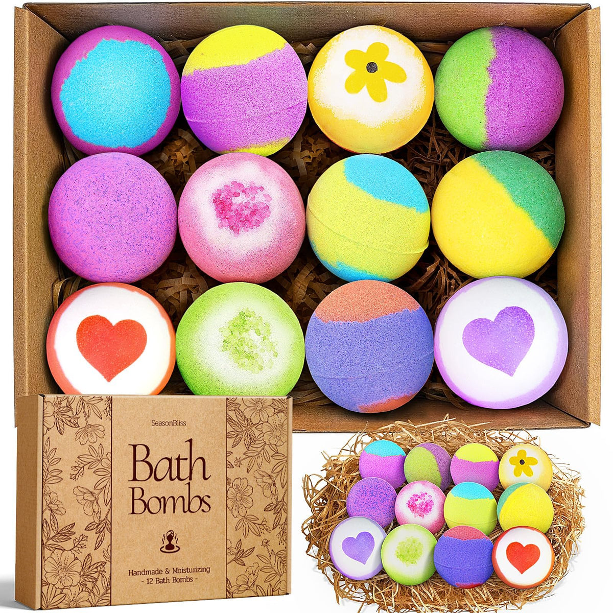 SeasonBliss 12-pack bath bombs with vibrant colors for a luxurious soak.