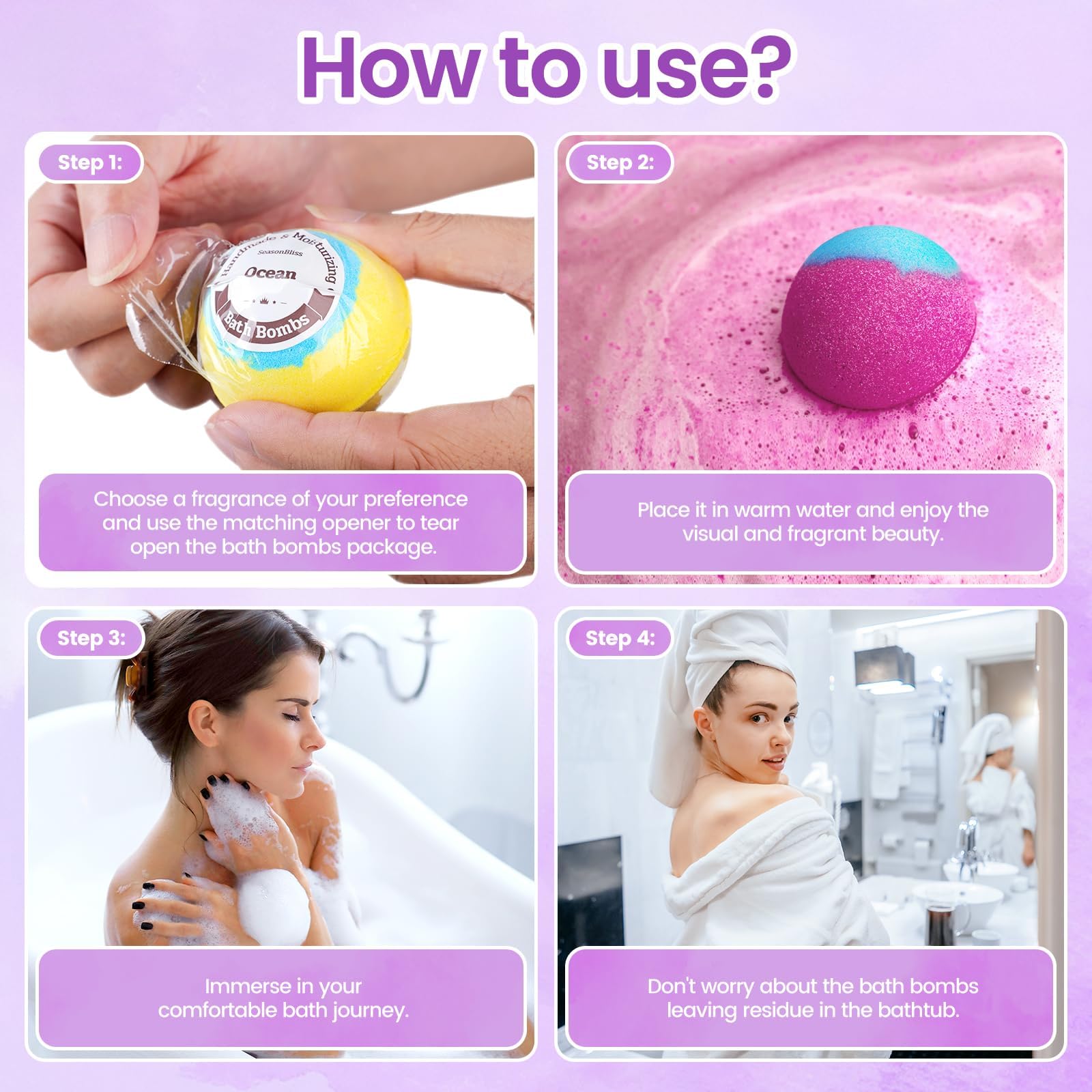 SeasonBliss bath bombs dissolve in water to release scent and color.
