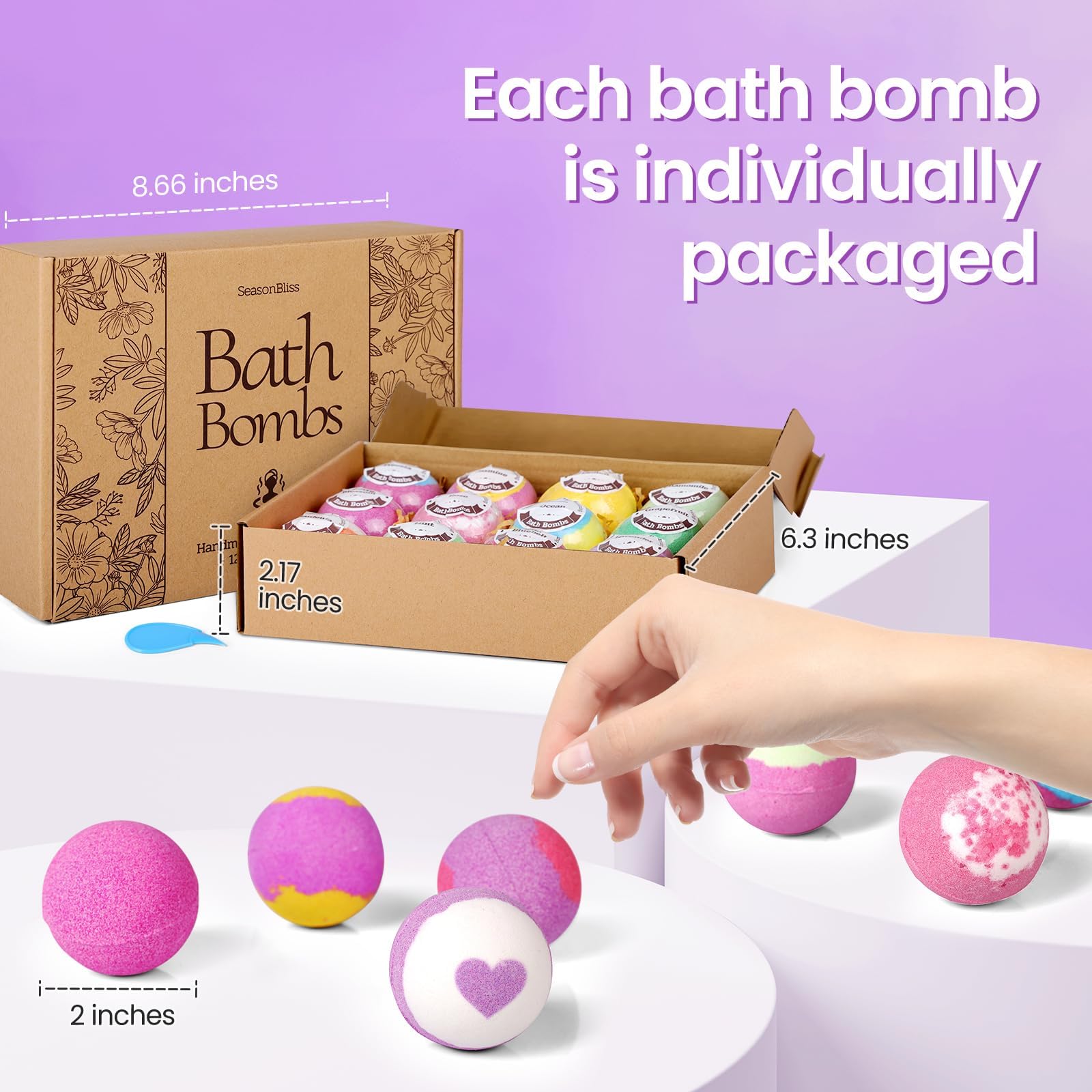 SeasonBliss bath bombs individually wrapped to preserve fragrance for gifting.