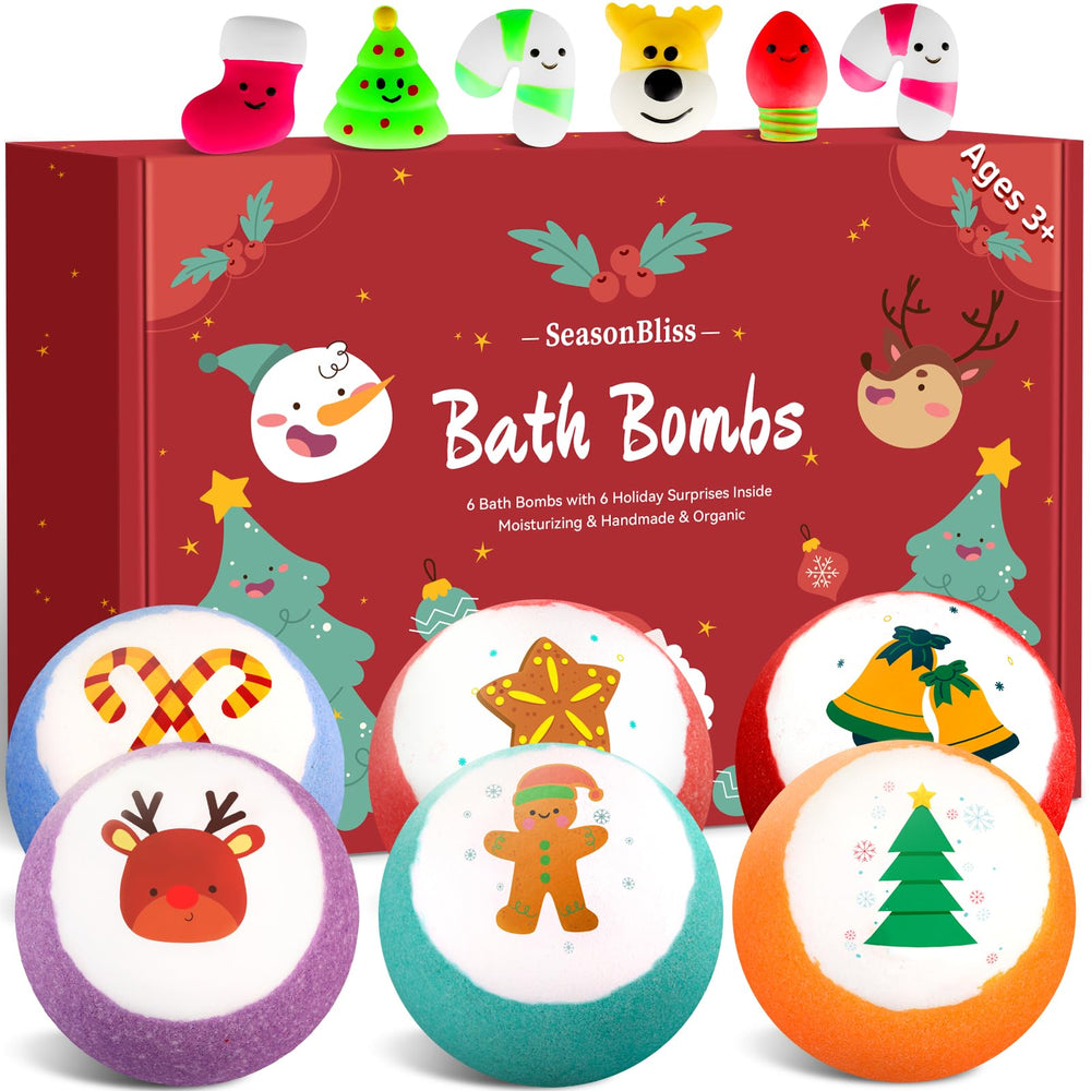 SeasonBliss Christmas bath bombs gift set with a surprise toy inside for kids.