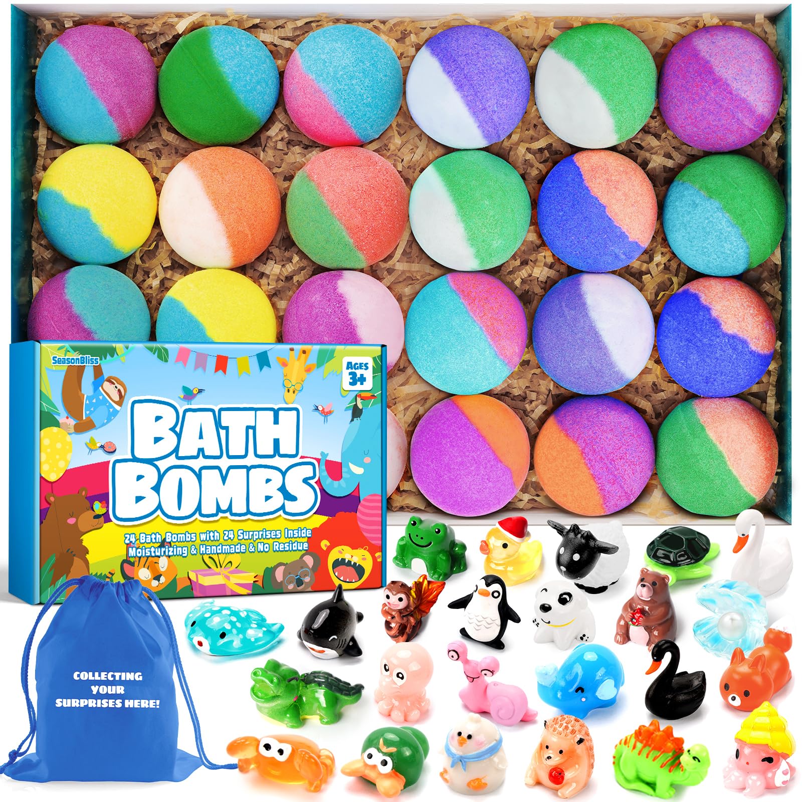 SeasonBliss Kids Bath Bombs with 24 surprises inside, perfect for playful bath time.