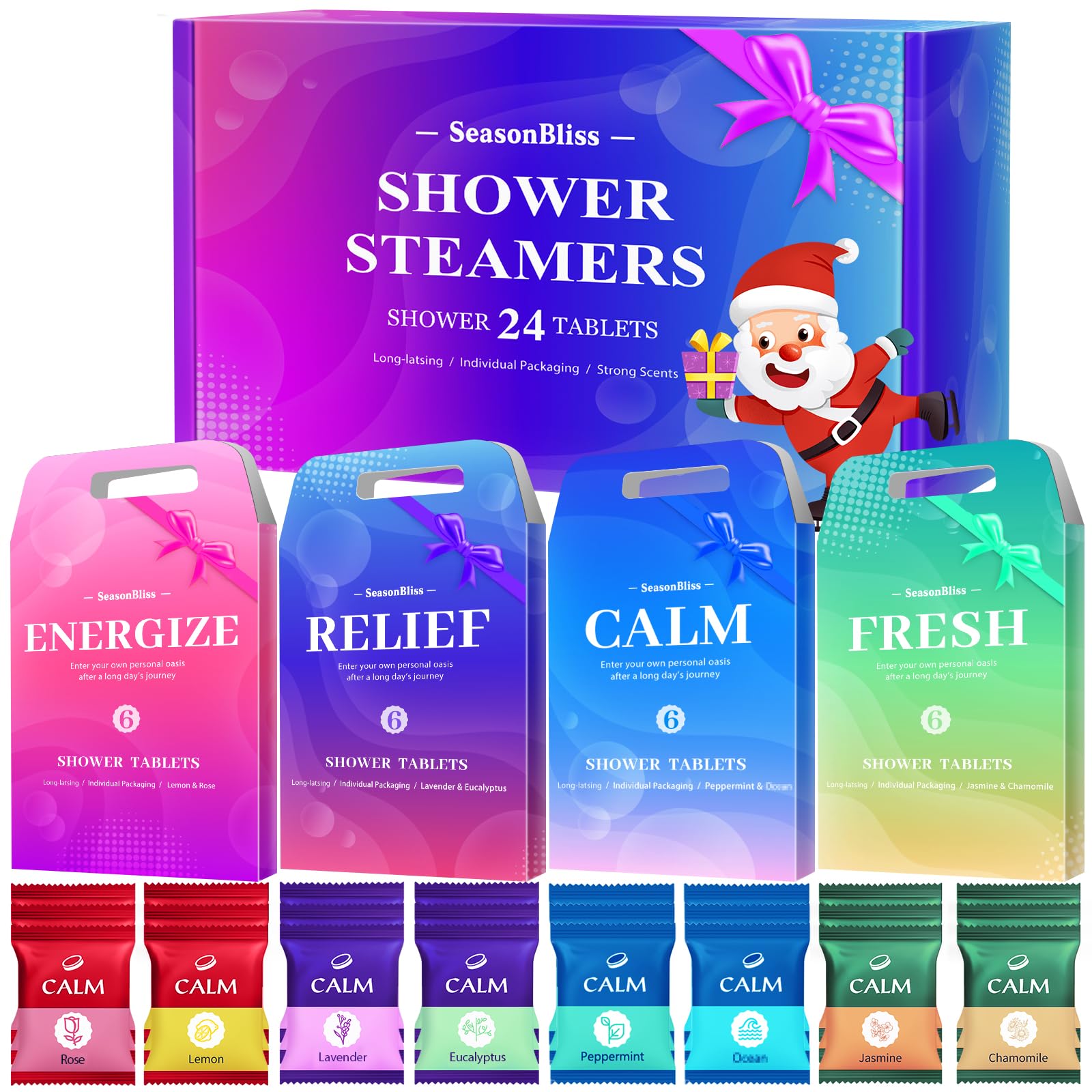 SeasonBliss shower steamers 24-pack box showpiece, ideal for gifting and storage