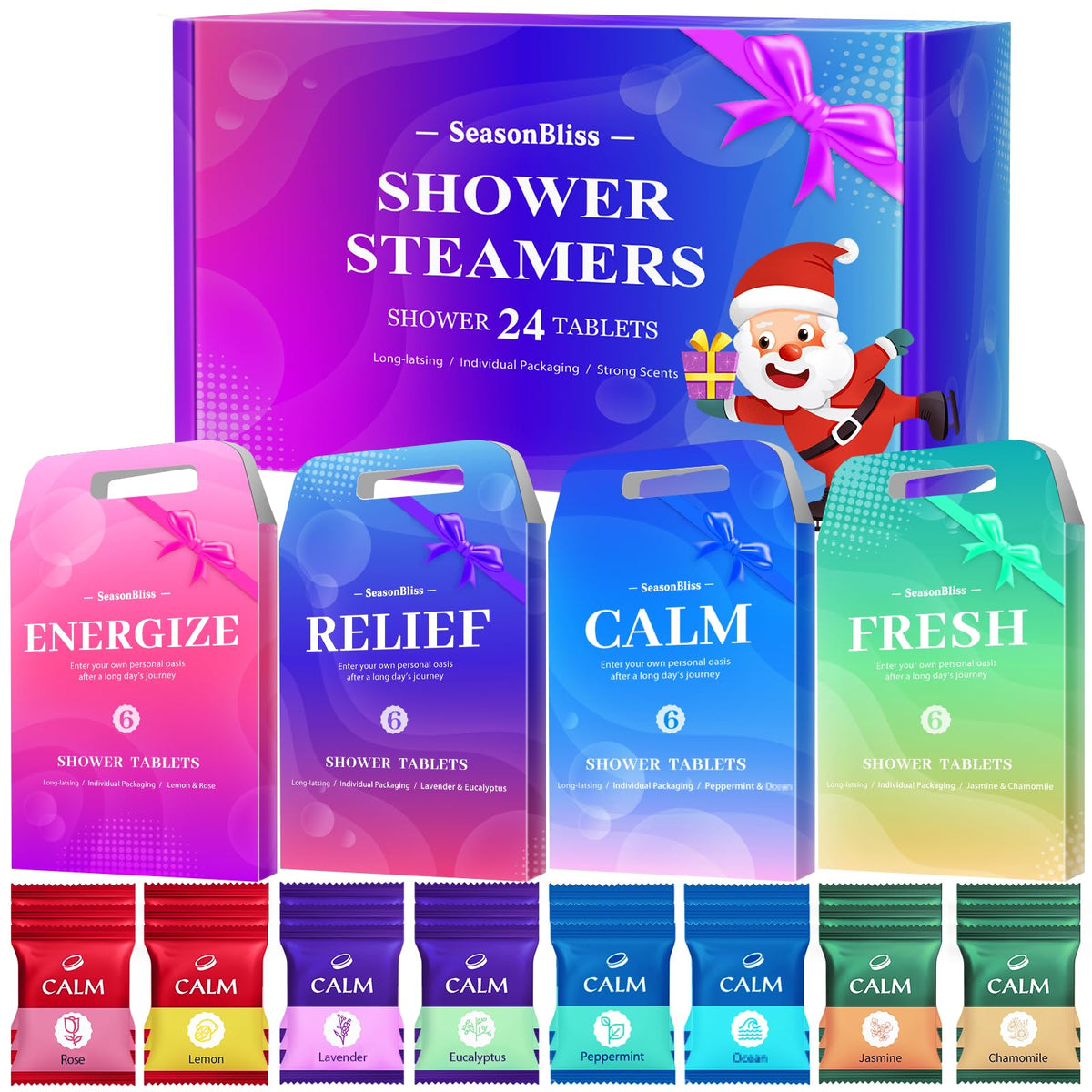 SeasonBliss shower steamers 24-pack box showpiece, ideal for gifting and storage