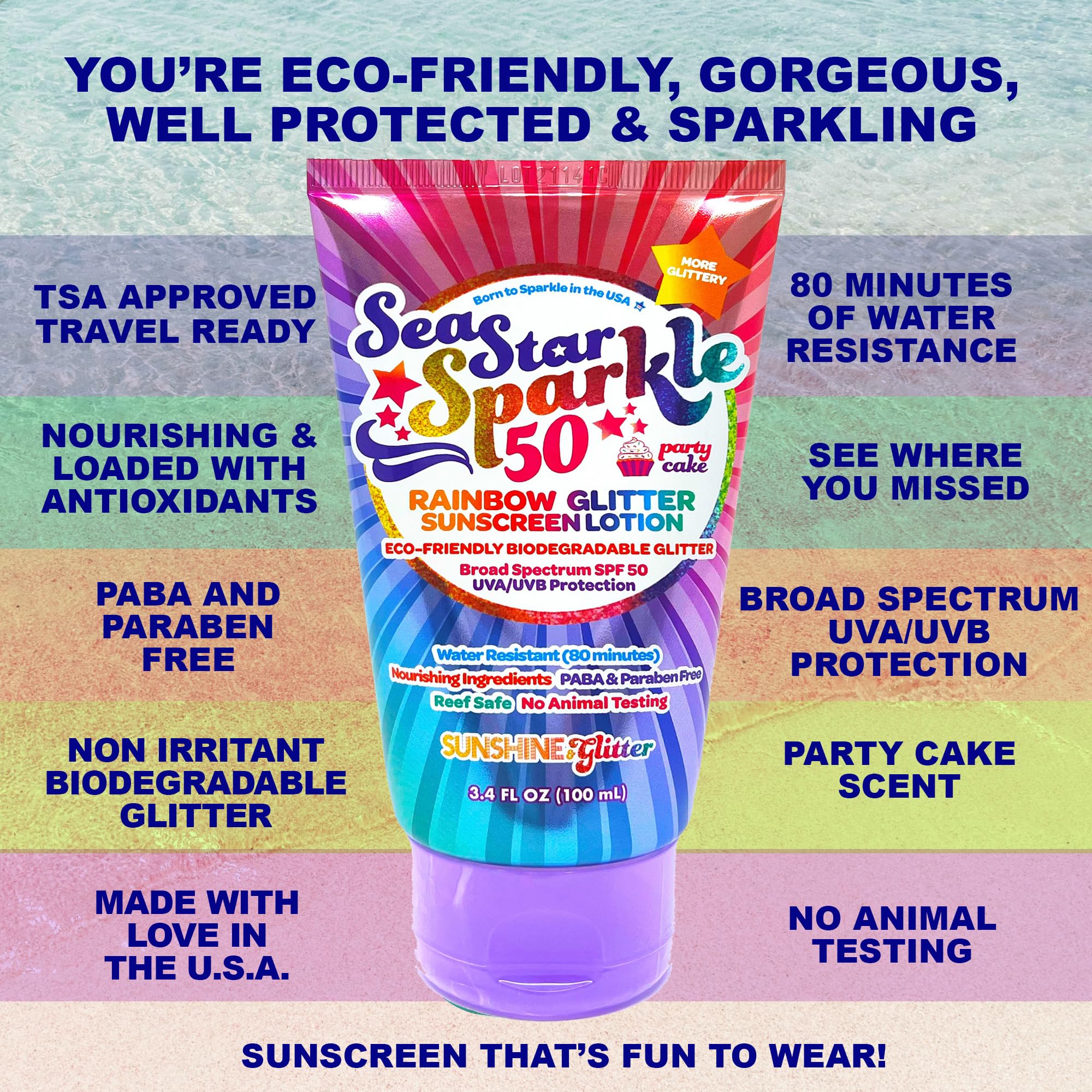 Seastar Sparkle kid-friendly packaging shown with family sun care.