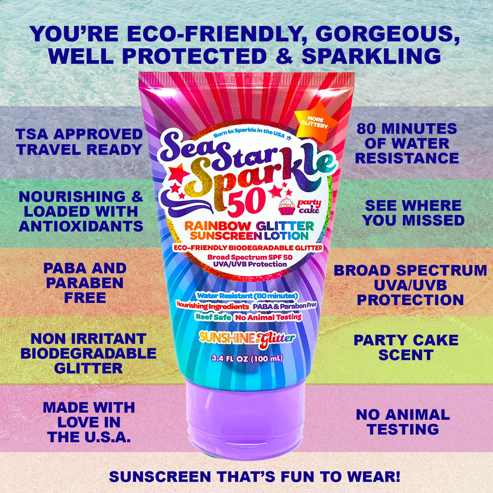 Seastar Sparkle kid-friendly packaging shown with family sun care.