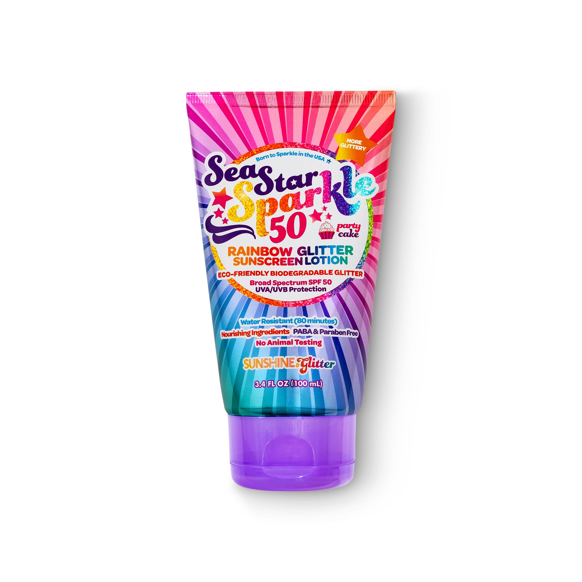 Seastar Sparkle SPF 50 tube side view for easy reapplication.