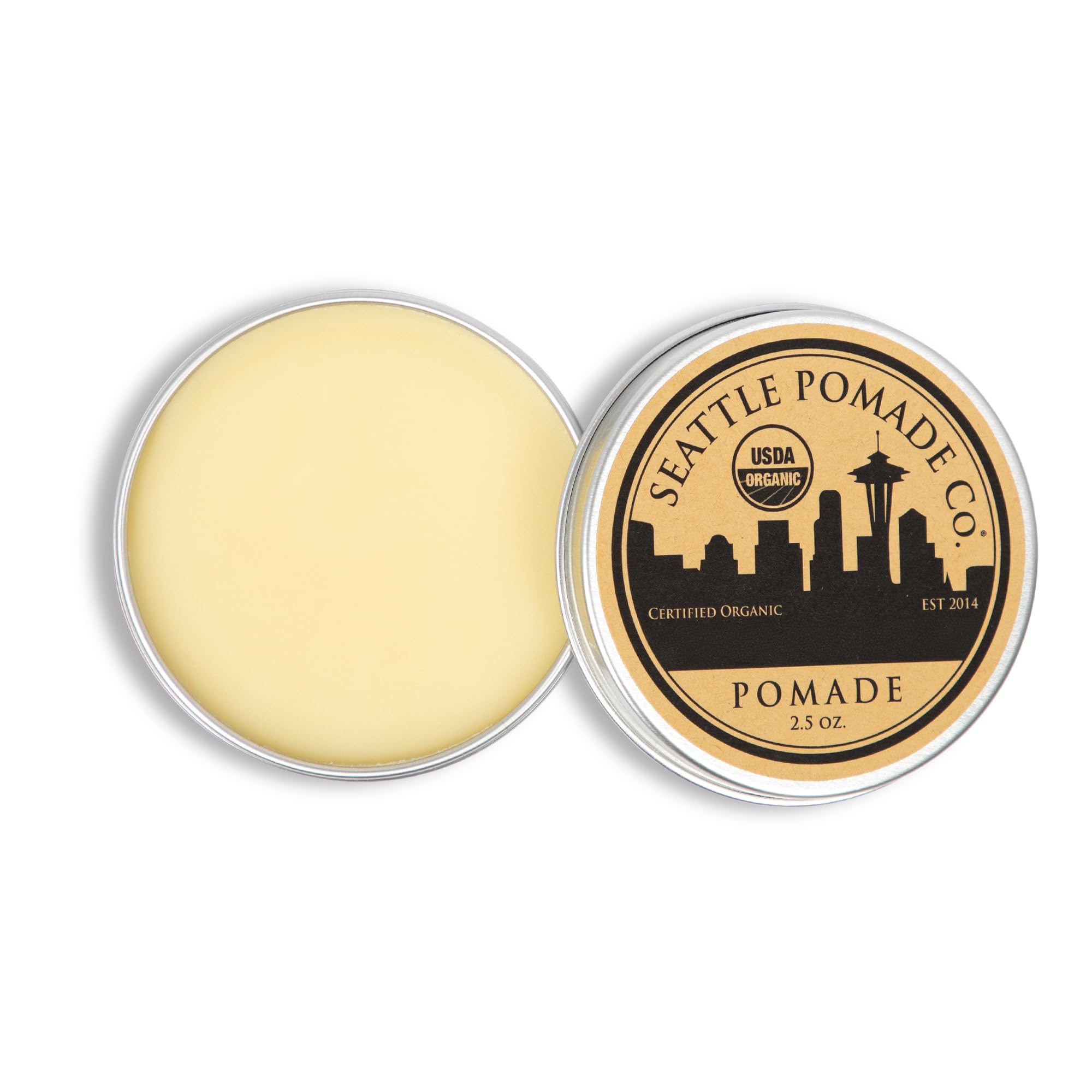 Seattle Pomade Co. beeswax detail indicating natural hold without chemicals.