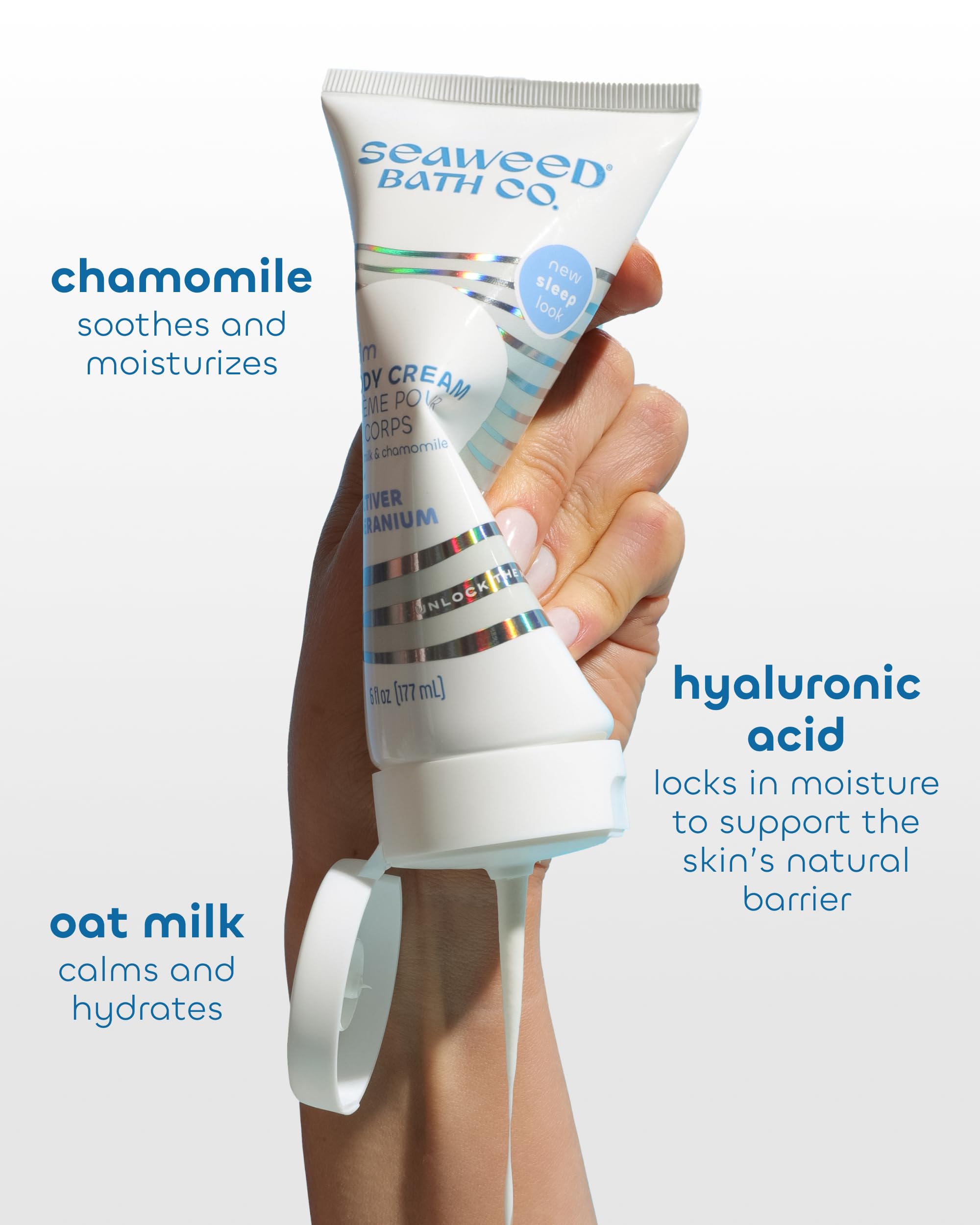 Ingredients like oat milk and chamomile nourish sensitive skin.