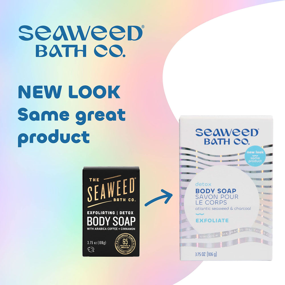 The Seaweed Bath Co. Charcoal exfoliating bar highlights purifying exfoliation for refreshed skin.