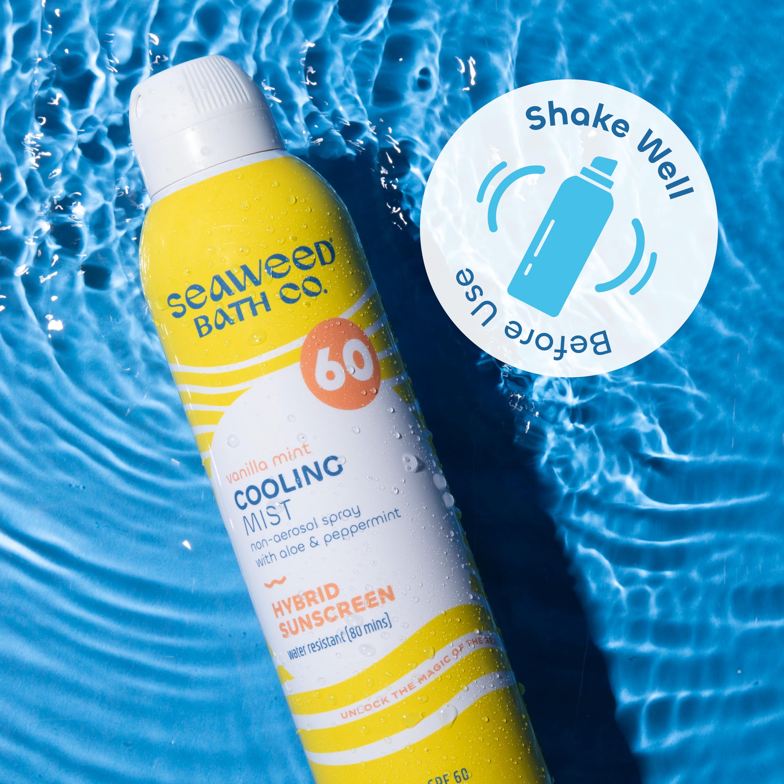 Seaweed Bath Co. Cooling Mist SPF 60 Sport label with cruelty-free certification.
