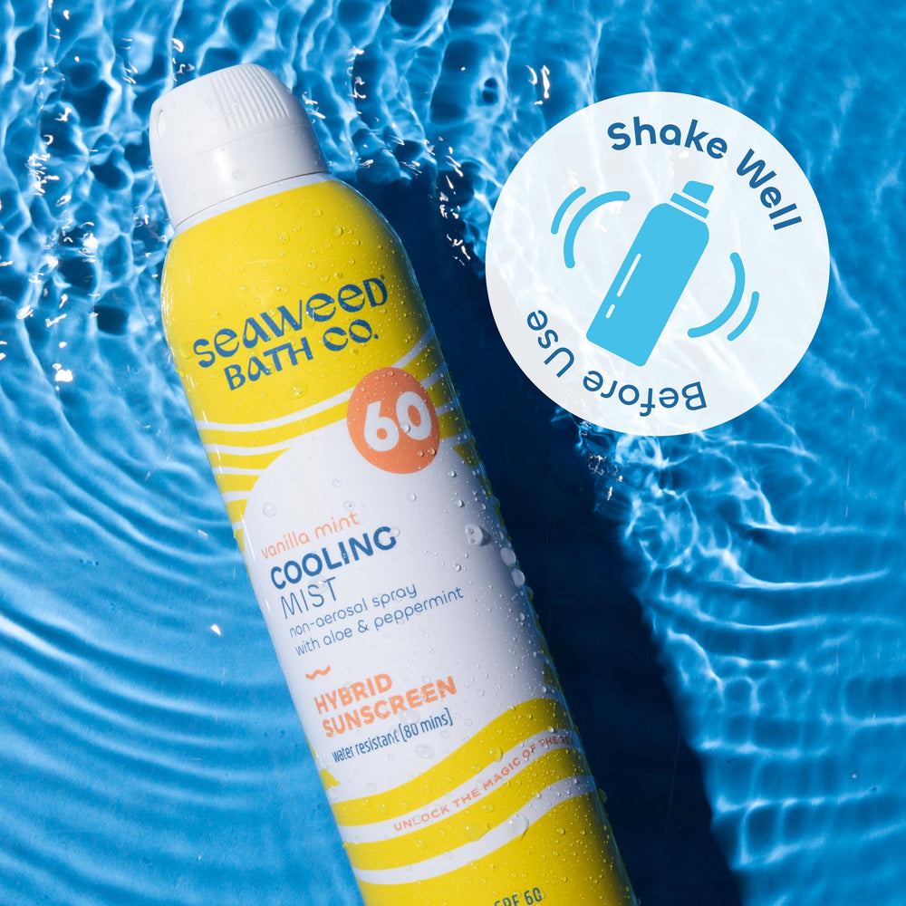 Seaweed Bath Co. Cooling Mist SPF 60 Sport label with cruelty-free certification.