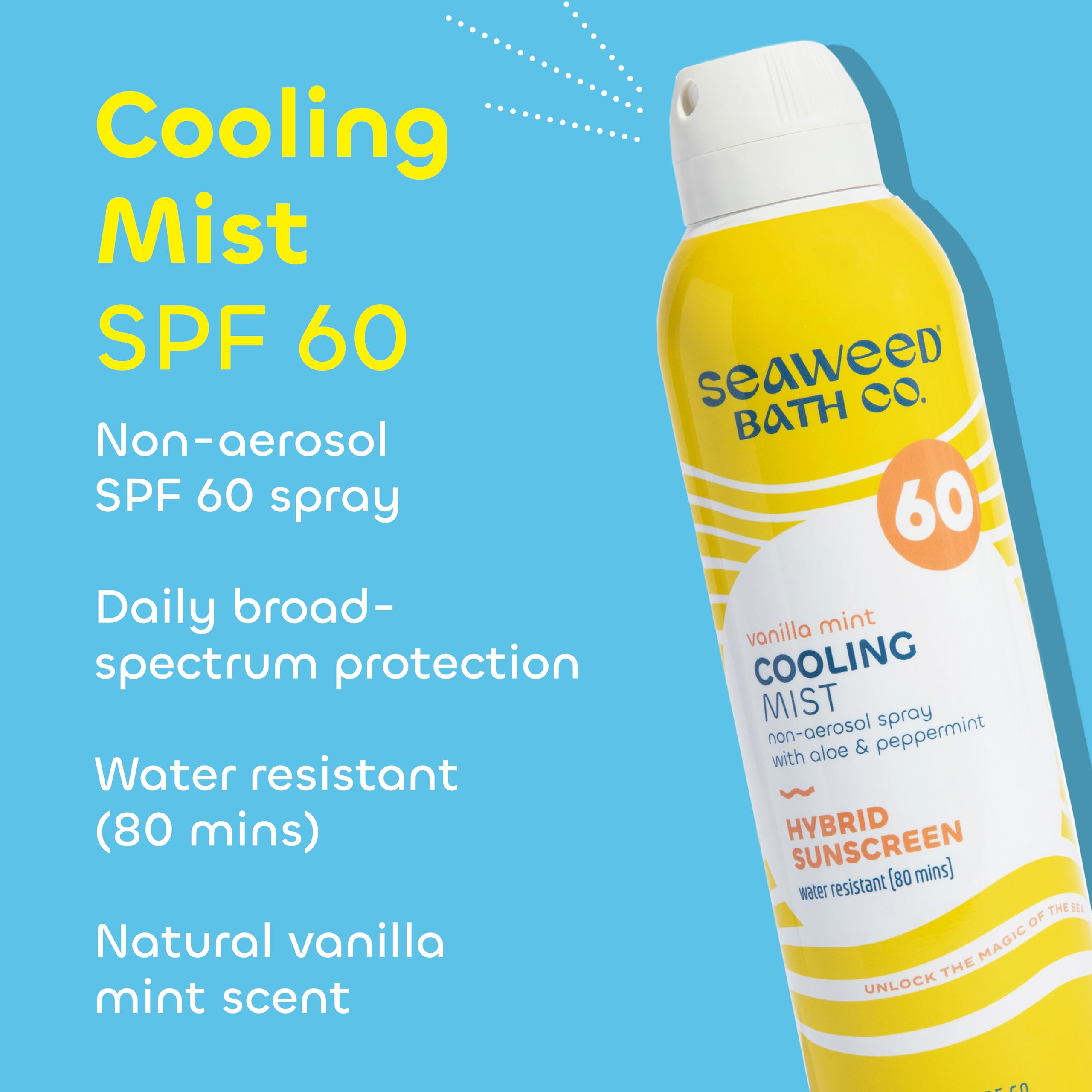 Seaweed Bath Co. Cooling Mist SPF 60 Sport spray-on bottle in action for quick coverage.
