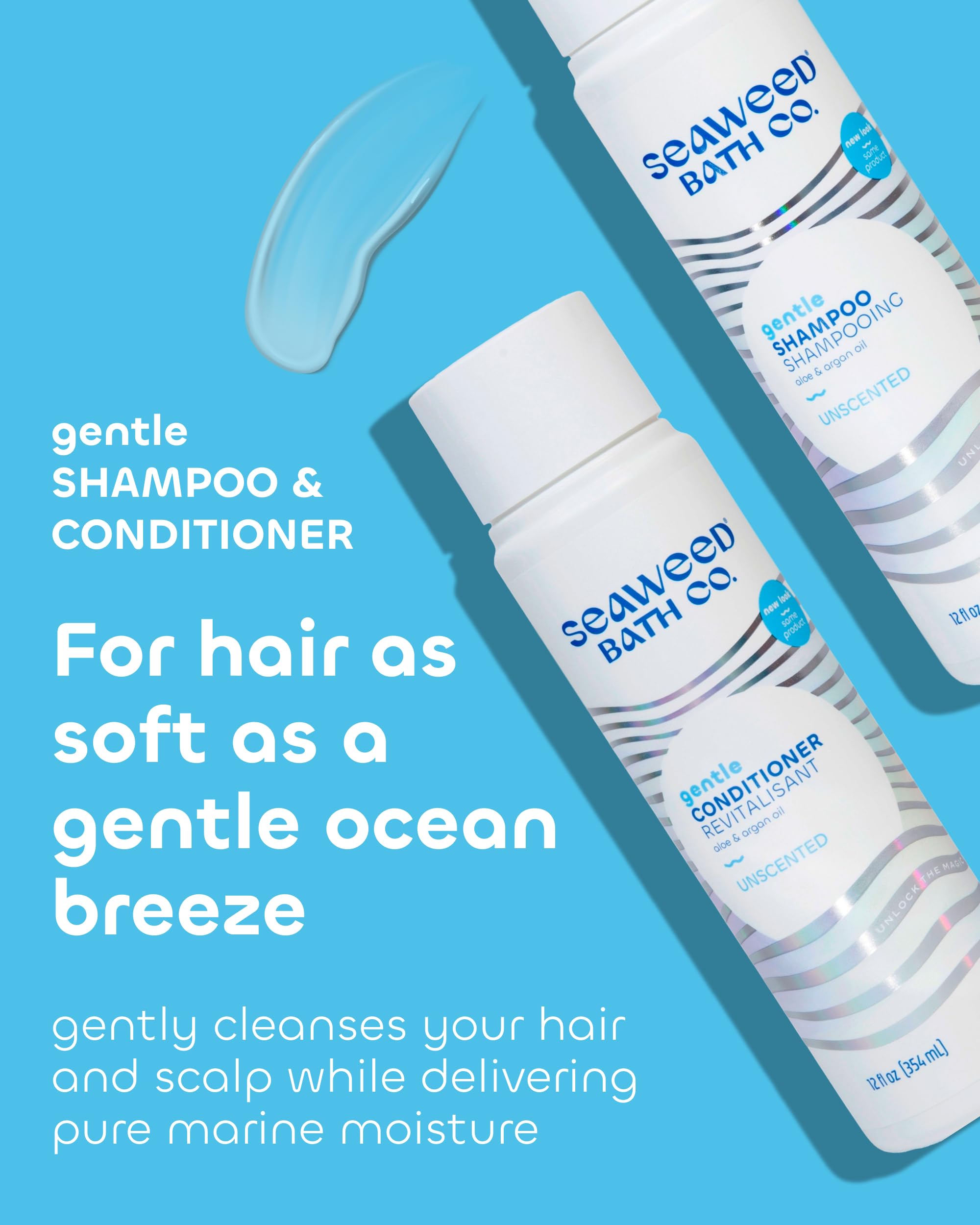 Seaweed Bath Co. gentle conditioner bottles delivering marine moisture and shine.