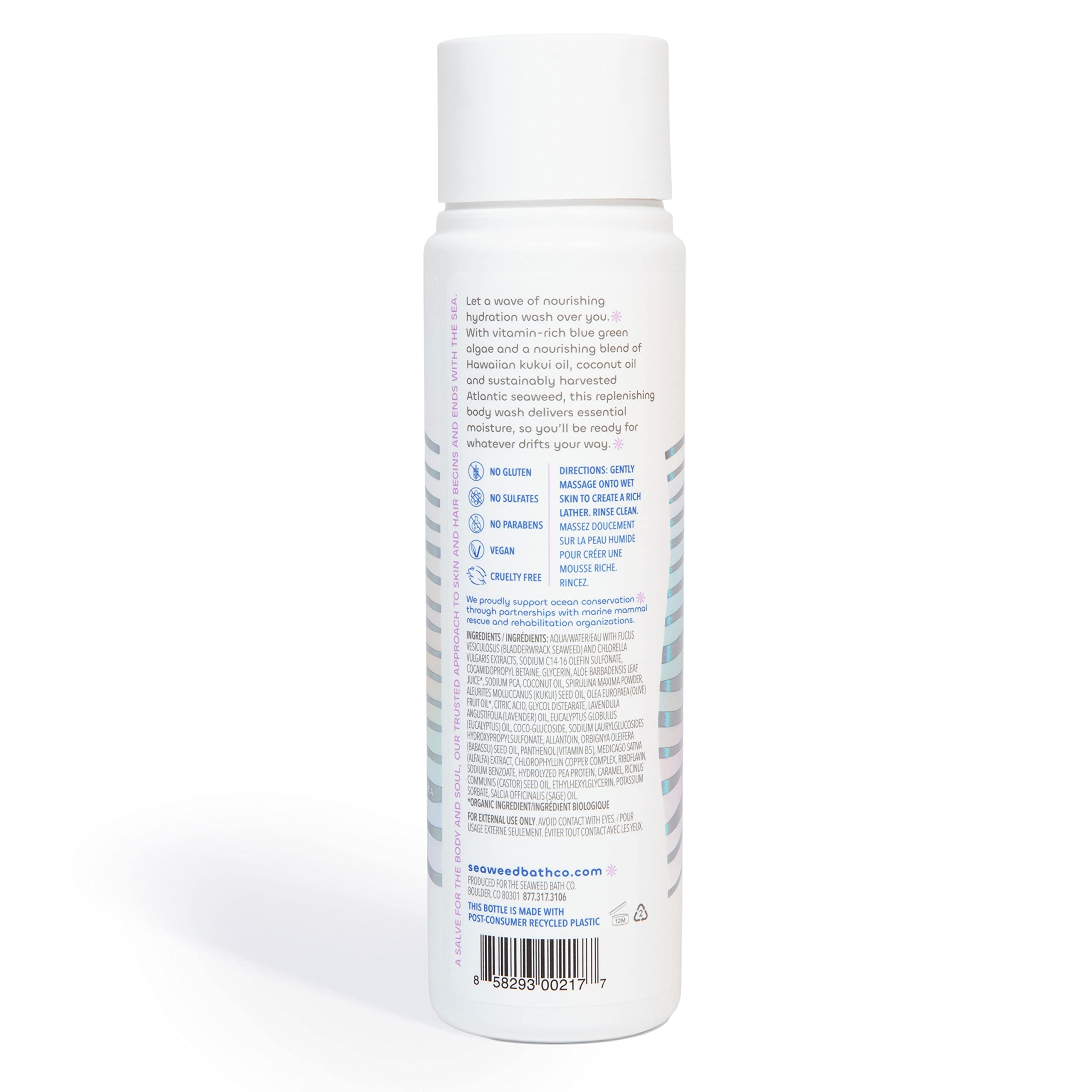 Seaweed Bath Co. Hydrate lavender label indicates vegan formula and nourishing oils.