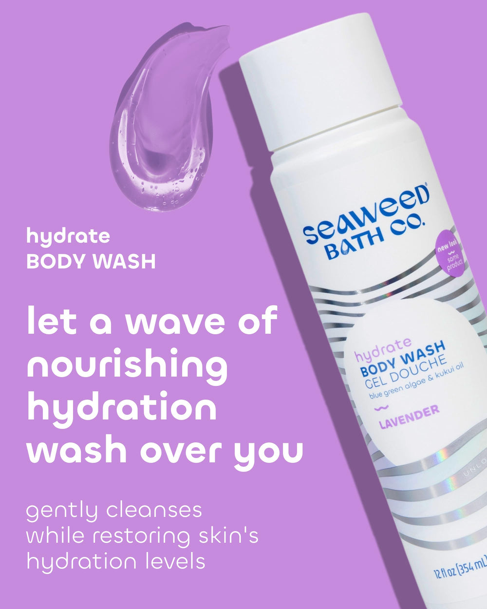 Seaweed Bath Co. Hydrate lavender pour showcases relaxing scent for a soothing shower.