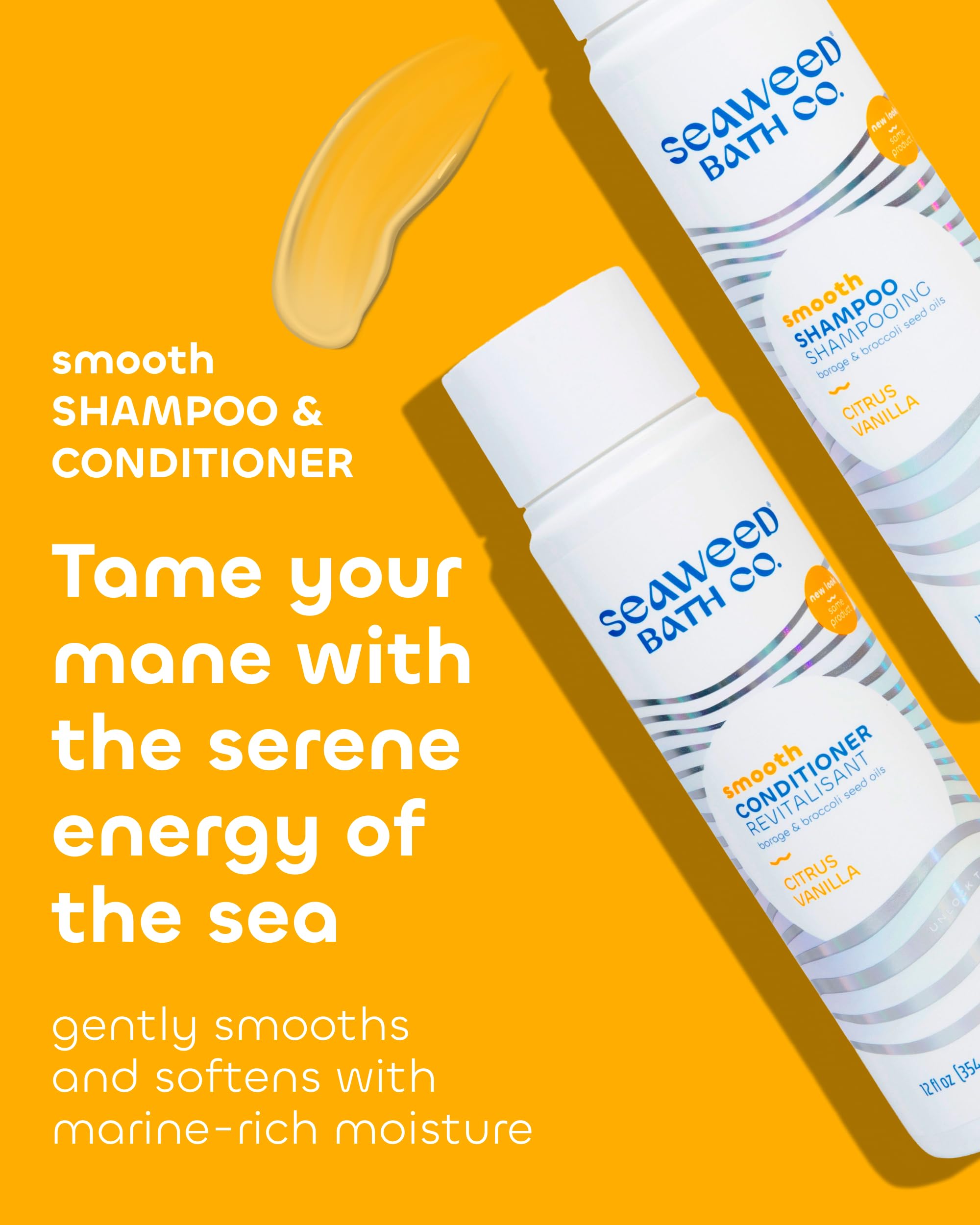 Seaweed Bath Co Smooth Conditioner bottle front helps tame frizz and boost gloss.