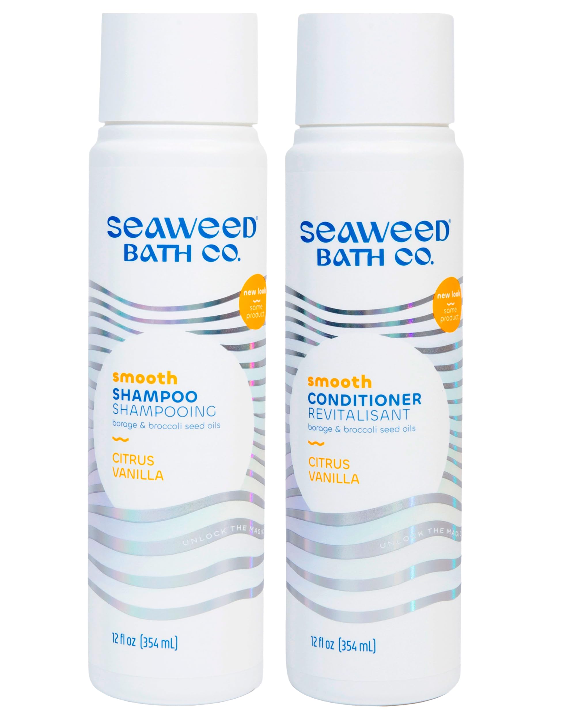Seaweed Bath Co Smooth Shampoo bottle front for hydrated, sleek hair after wash.