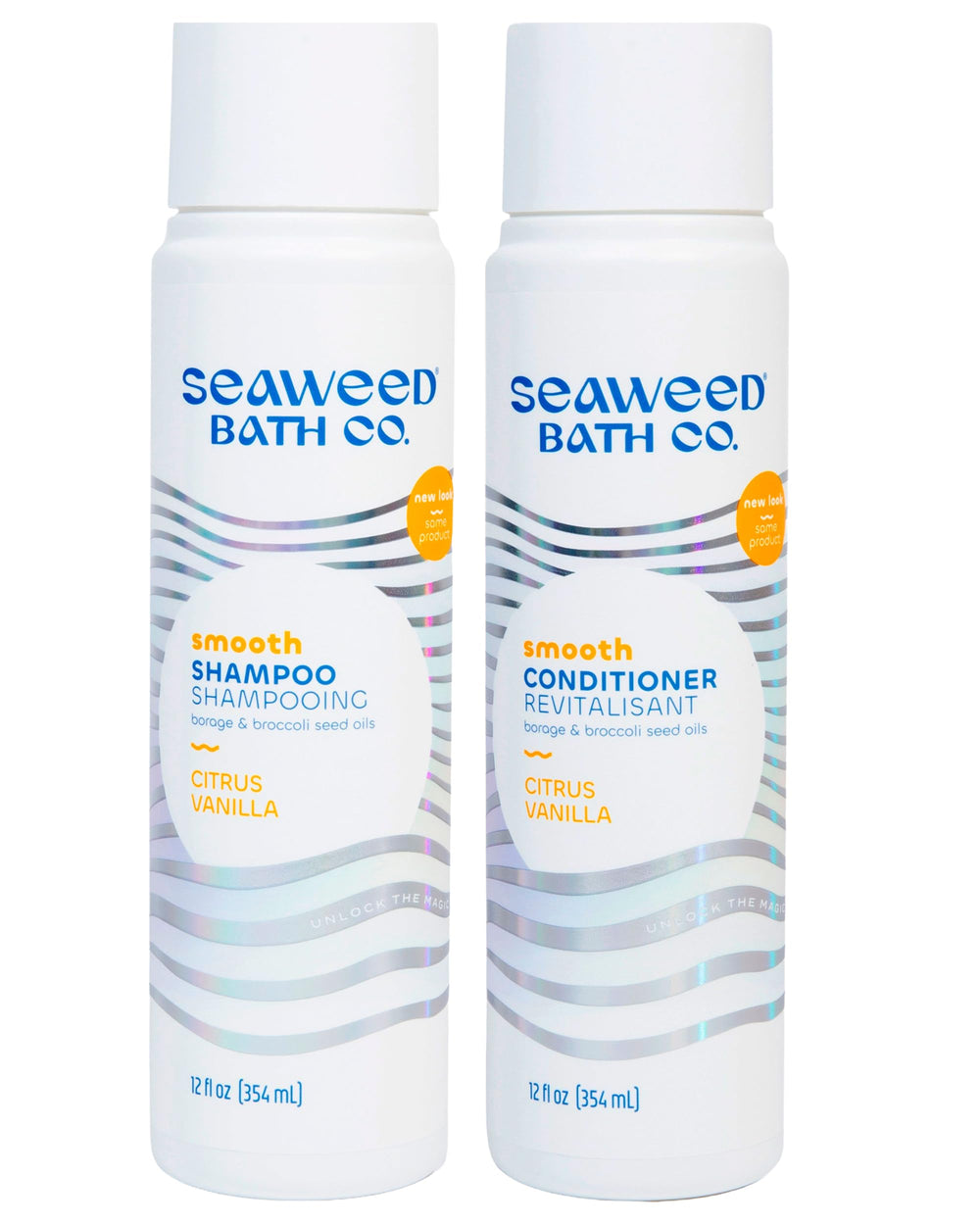 Seaweed Bath Co Smooth Shampoo bottle front for hydrated, sleek hair after wash.