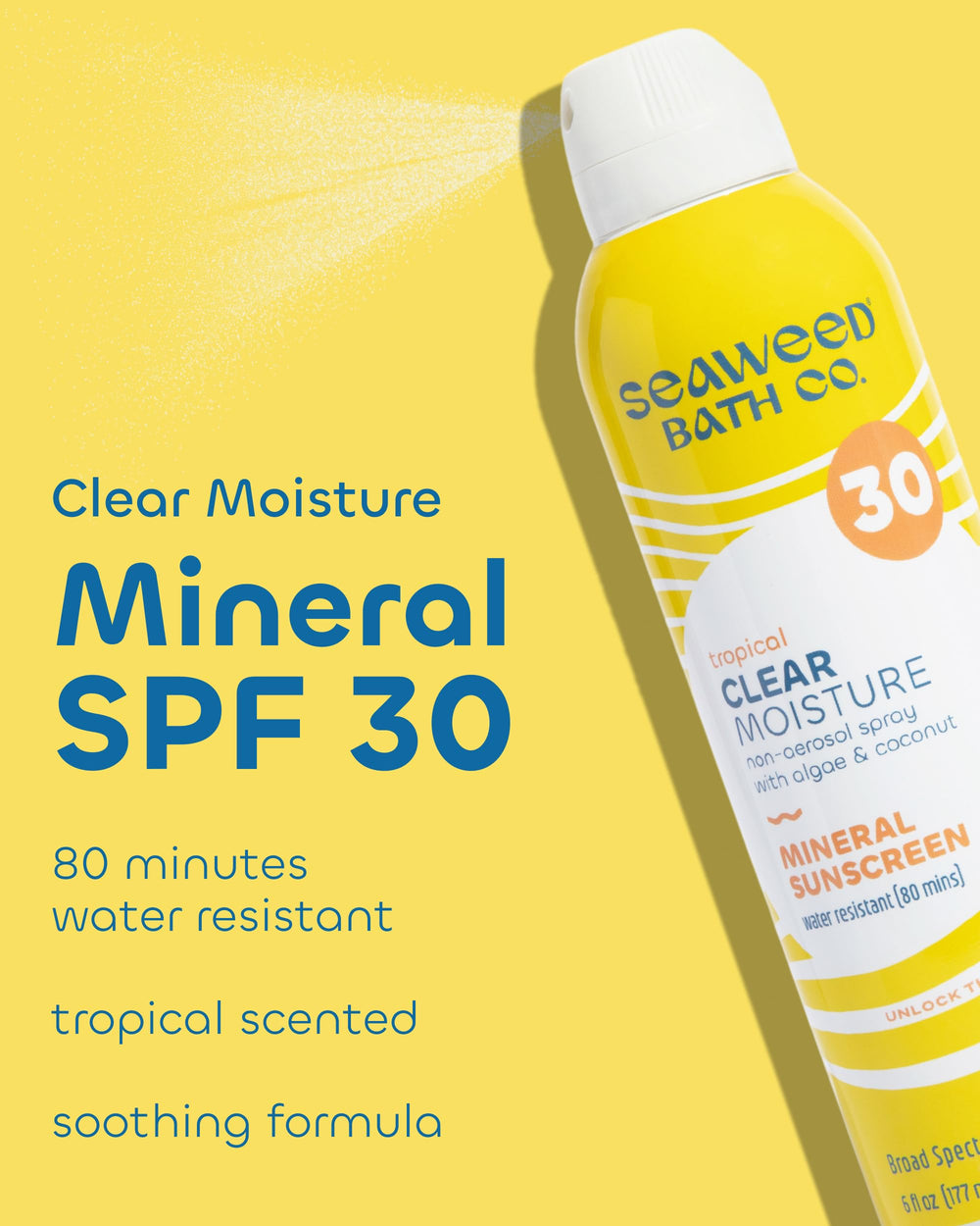 Seaweed Bath Co. mineral SPF 30 spray in action showing fast, even application on skin.