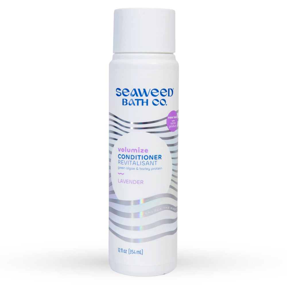 Seaweed Bath Co. Volumize bottle pour demonstrates thickening action with seaweed and barley for fine hair.