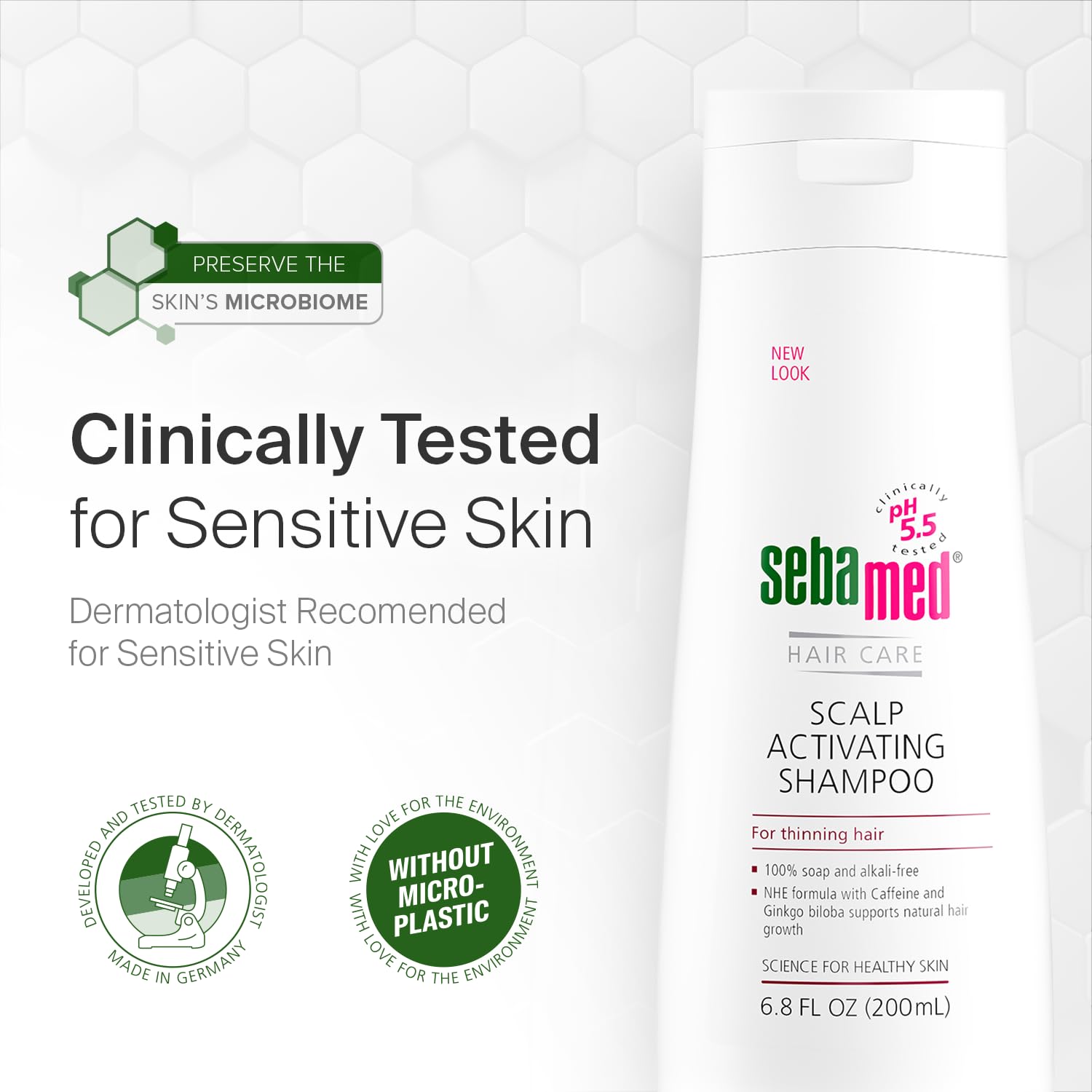 Sebamed with caffeine and NHE complex illustrates circulation support for hair roots.