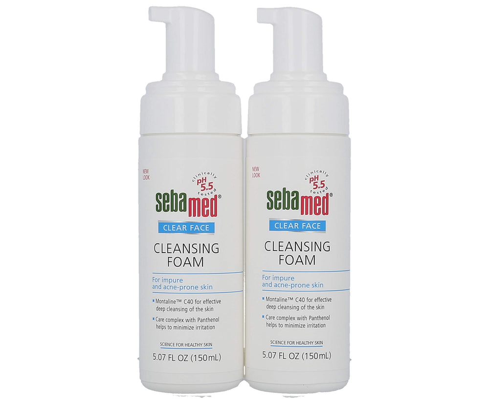 Sebamed Clear Face Cleansing Foam close-up showing creamy lather for gentle oil removal.