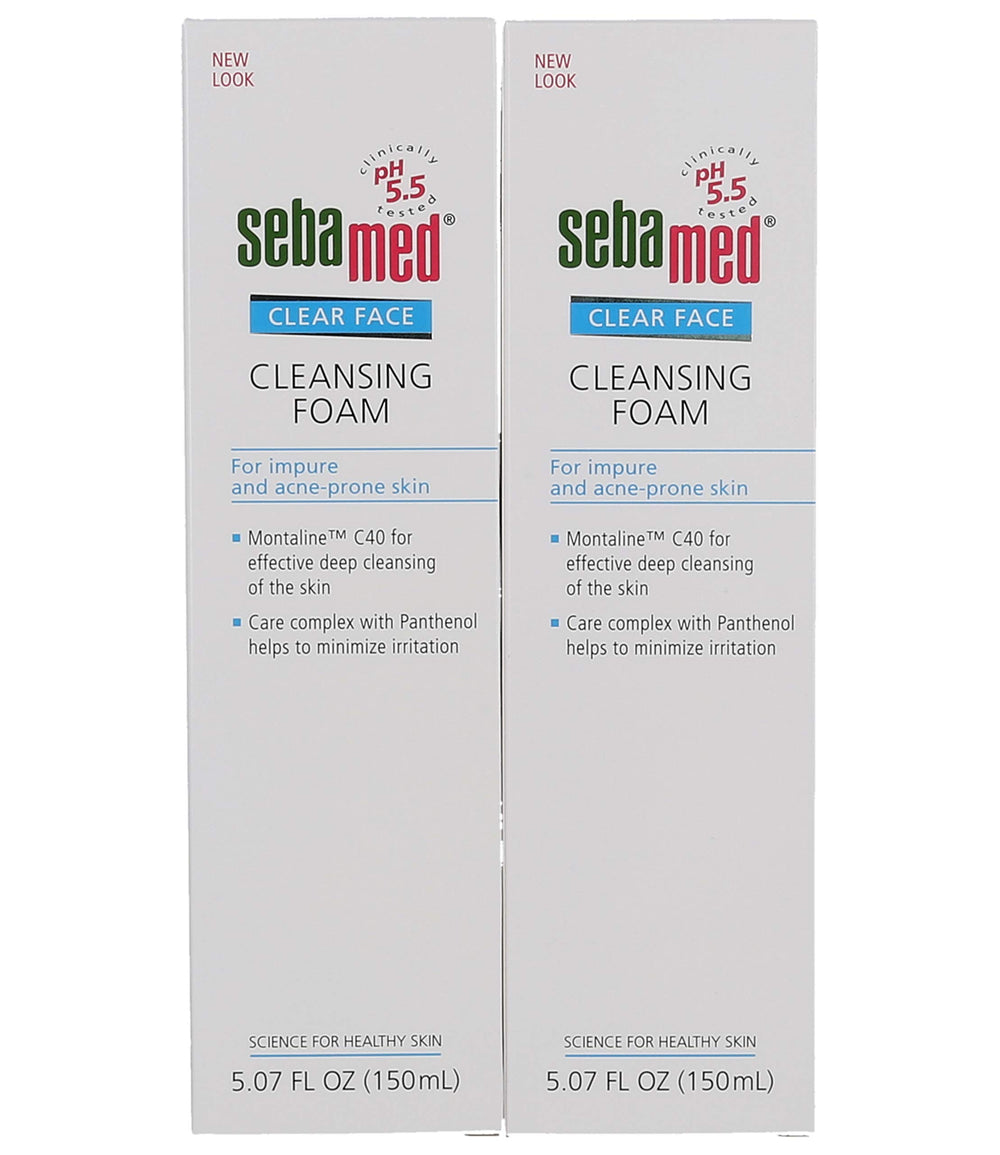 Sebamed Clear Face Cleansing Foam pack of two bottles for daily use.