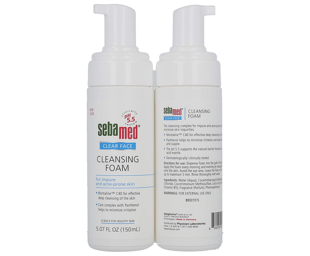 Sebamed cleansing foam texture on skin—gentle foamy action to cleanse pores.