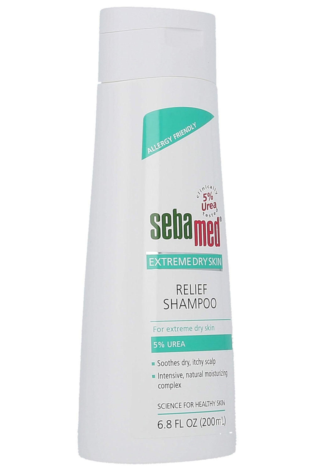 SEBAMED Extreme Dry Skin Relief Shampoo label closeup with 5% urea detail for hydration